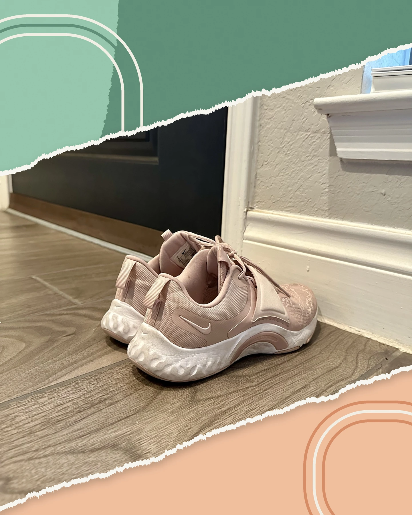 Barb’s blush-pink walking shoes by the door, framed with mint and peach accents